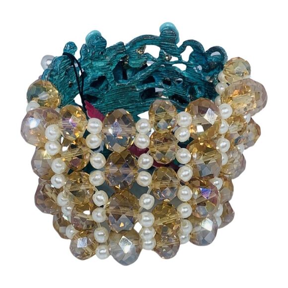 Betsey Johnson Blue Crystal Skull Statement Bracelet 7"  Flower TEAL PATINA - Picture 11 of 14